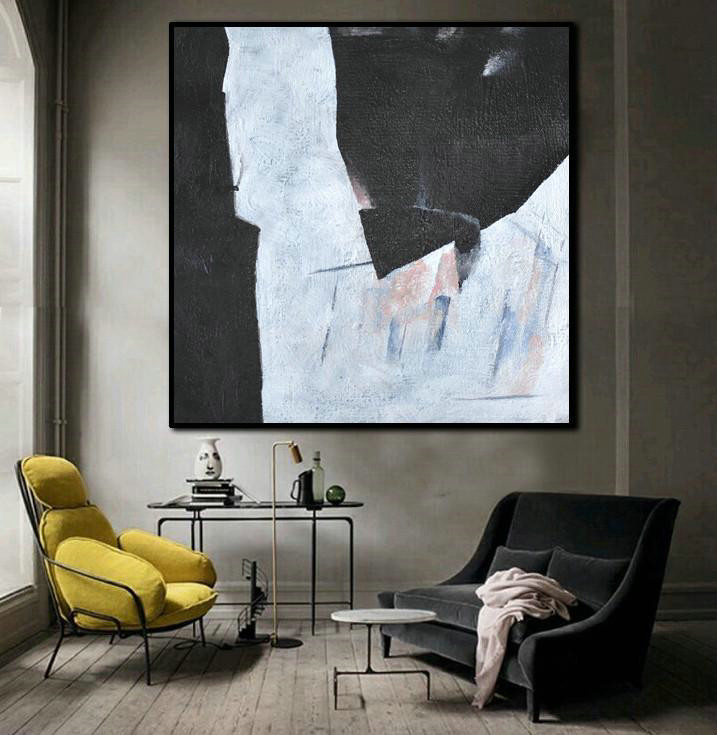 Handmade Large Painting,Hand-Painted Oversized Minimal Black And White Painting,Large Canvas Art
